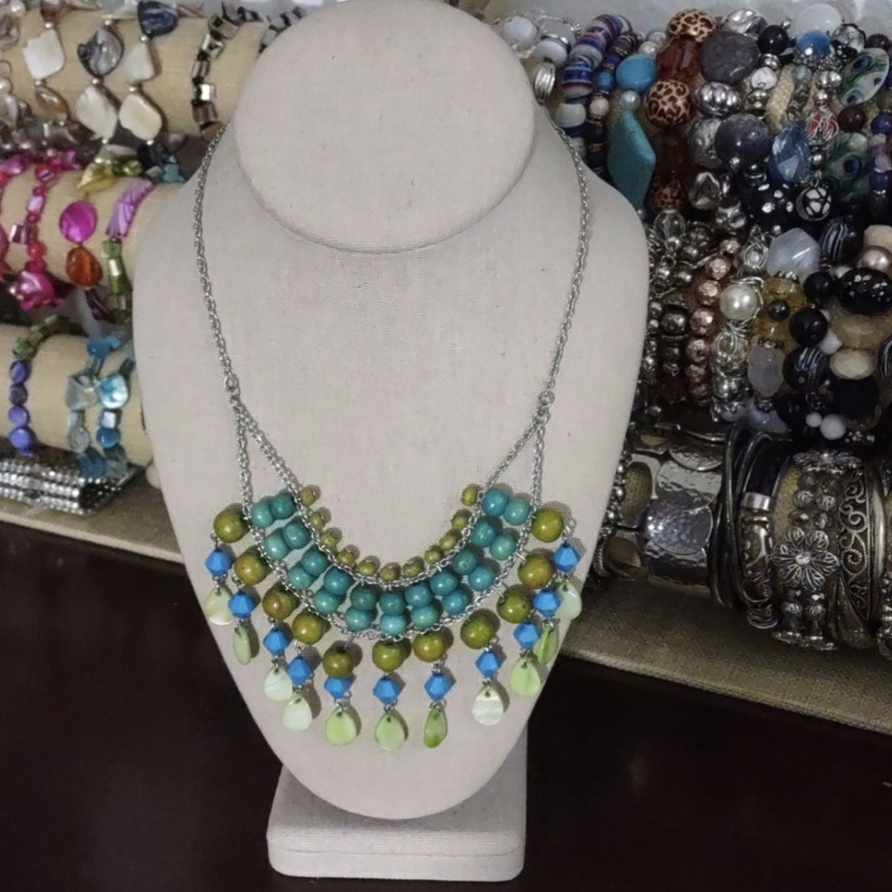 Silver Chain Multicolor Wood and Plastic Beaded Necklace